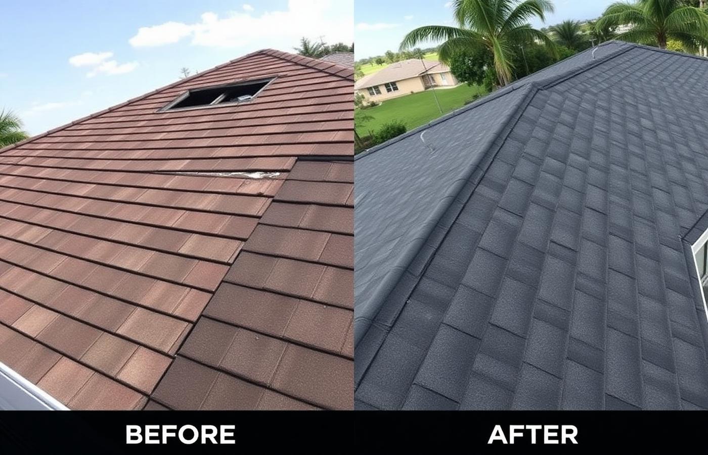 Roof replacement in Miami — before and after new asphalt shingles