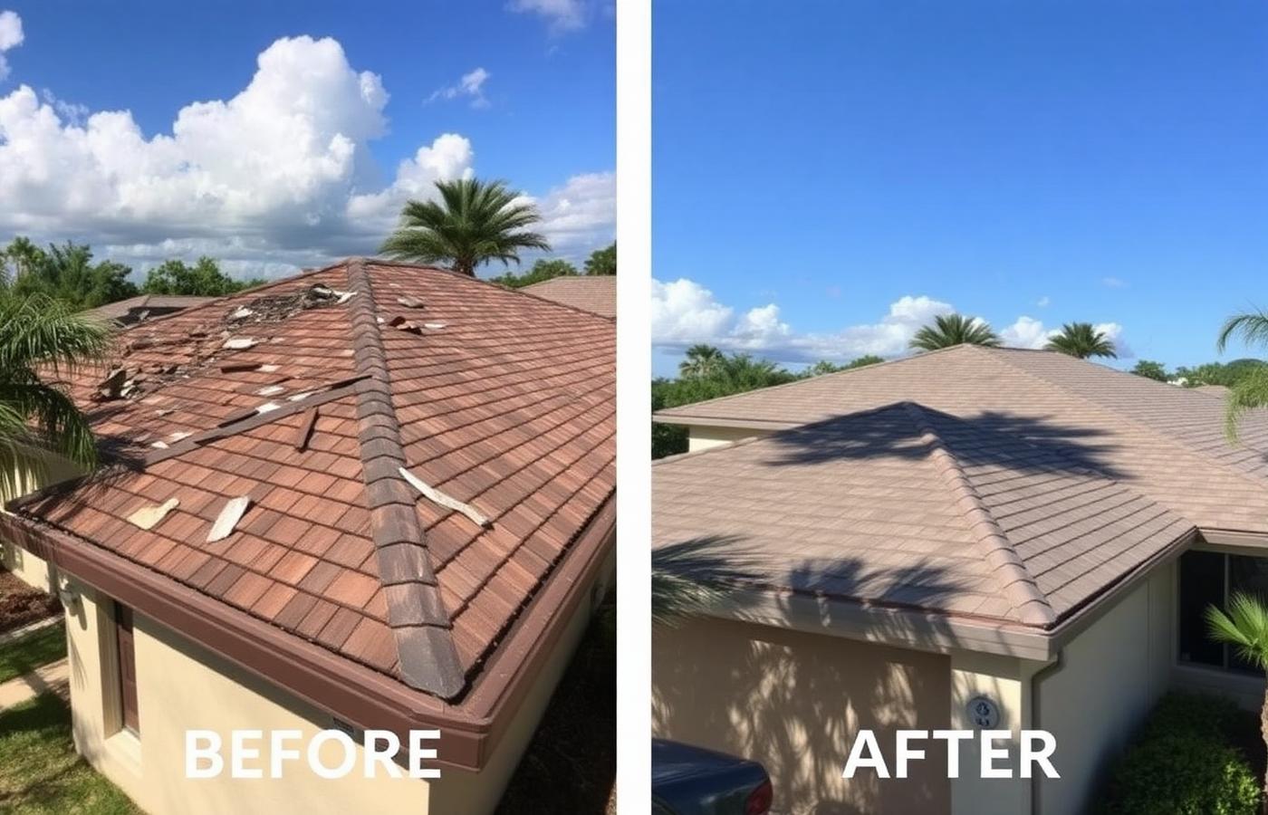 Storm damage roof repair West Palm Beach — before and after shingle replacement